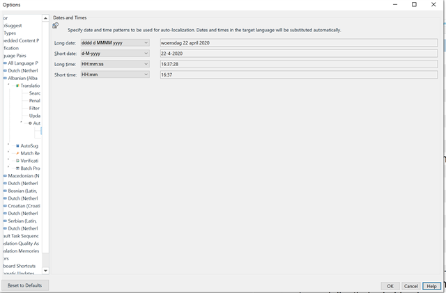 Trados Studio Options dialog box showing Dates and Times settings with Short date format set to 'dd-M-yyyy' instead of 'dd-MM-yyyy'.