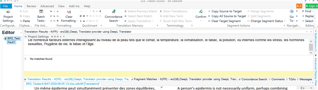 Screenshot of Trados Studio 2017 with DeepL Translator Provider enabled. The Translation Results pane is open, displaying 'No matches found' message below the source text.