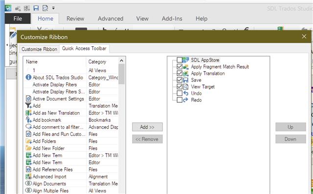 Trados Studio Customize Quick Access Toolbar window showing unchecked SDL AppStore with shortcut visible, and UndoRedo options unchecked despite being selected previously.