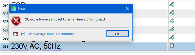 Error dialog box in Trados Studio with message 'Object reference not set to an instance of an object.' above segment with numerical element '230V AC, 50Hz'.