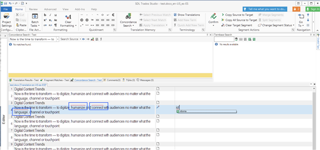 Trados Studio interface with an open project. The source text 'Now is the time to transform   to digitize, humanize and connect with audiences no matter what the language, channel or touchpoint.' is highlighted with a warning for a missing tag in the translation.