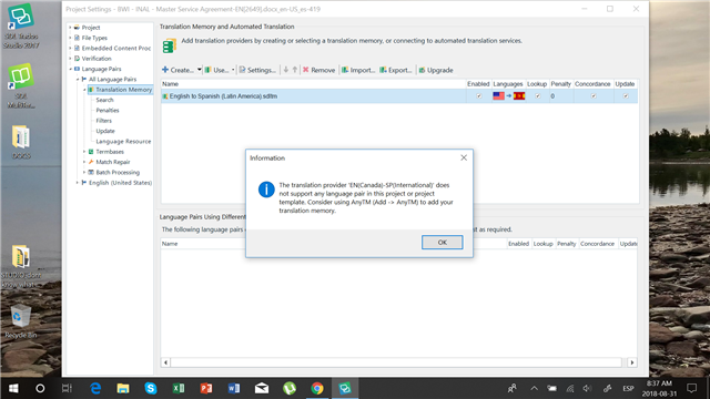 Error message in Trados Studio stating 'The translation provider EN(Canada)-SP(International) does not support any language pair in this project or cannot be reached. Consider adding your My TM to add your translation memory.'