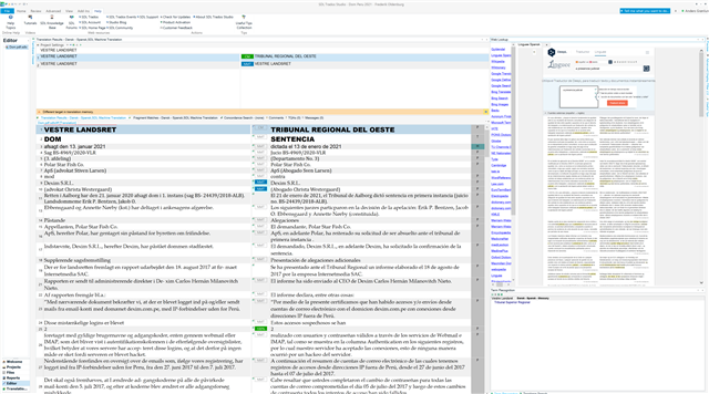 Trados Studio Editor interface with a zoomed-out web lookup window, making text unreadable. The main editing area shows a legal document in two languages side by side.