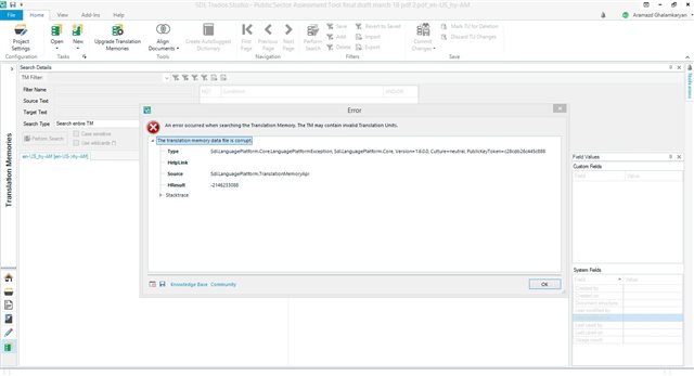 Screenshot of Trados Studio error message stating 'An error occurred when searching the Translation Memory. This may contain invalid Translation Units.'