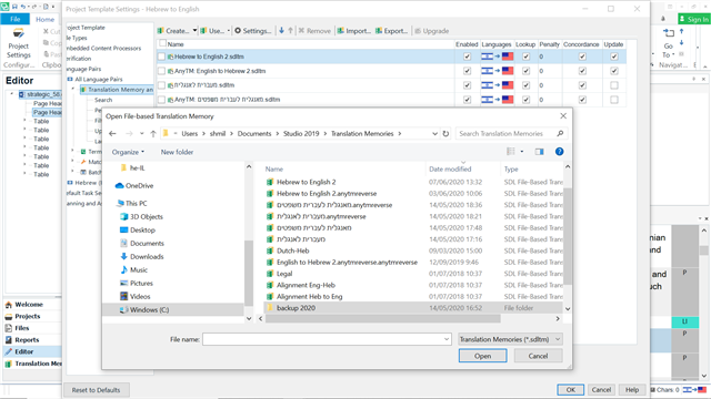 Screenshot of a file explorer window with Trados Studio 2019 Translation Memories folder open, displaying various .sdtlm files including Hebrew to English and English to Hebrew TMs.