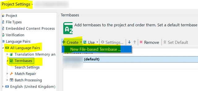 Trados Studio screenshot showing the Project Settings menu with Termbases selected, and a dropdown menu with the option 'New File-based Termbase' highlighted.