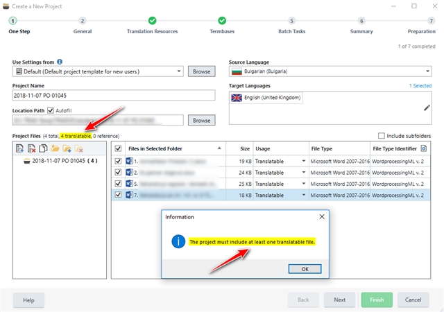 Trados Studio error message stating 'The project must include at least one translatable file' with four .docx files listed as both translatable and non-translatable.
