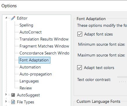 Trados Studio 2019 Options menu with Editor expanded showing Font Adaptation option instead of Formatting.
