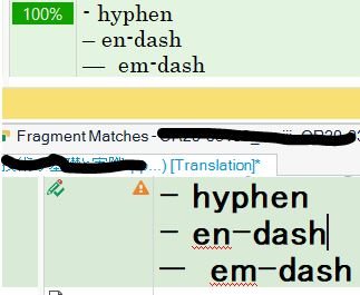 Screenshot showing Trados Studio Editor window with a hyphen and an en-dash looking identical, and a warning about font adaptation not applied to Century font.