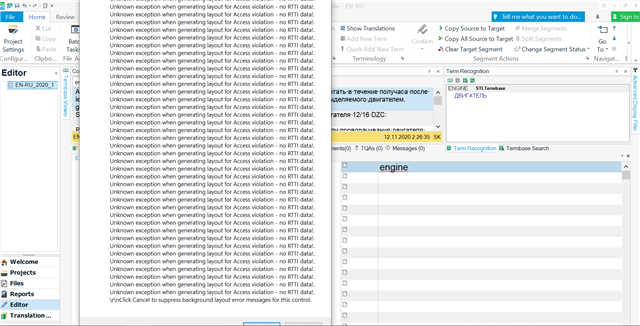 Screenshot of SDL Trados Studio error log showing multiple 'Unknown exception when generating layout for Access violation' errors.