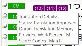 Screenshot of Trados Studio Editor showing a segment with 'CM' status, indicating a Context Match from WorldServer TM.