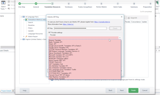 Trados Studio Intento API Key configuration window with a blurred out API key and a dropdown menu for MT Provider settings listing various machine translation providers.