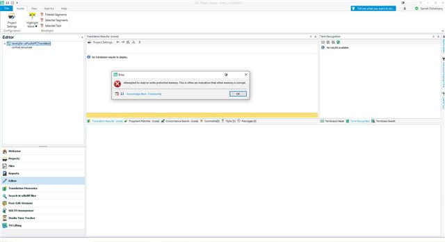 Screenshot of Trados Studio with an error message window stating 'Attempted to read or write protected memory. This is often an indication that other memory is corrupt.'