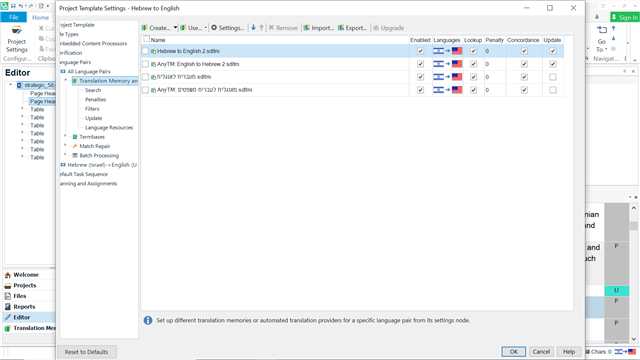 Screenshot of Trados Studio Project Template Settings showing Translation Memory and Automated Translation setup with Hebrew to English and English to Hebrew TMs listed.