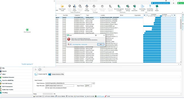 Screenshot of Trados Studio with an error message window stating 'There was a connection timeout error. Please check your network and internet connections.'