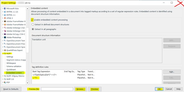 Trados Studio Project Settings window showing Embedded content processing enabled with default Tag Expression and Preview File option.