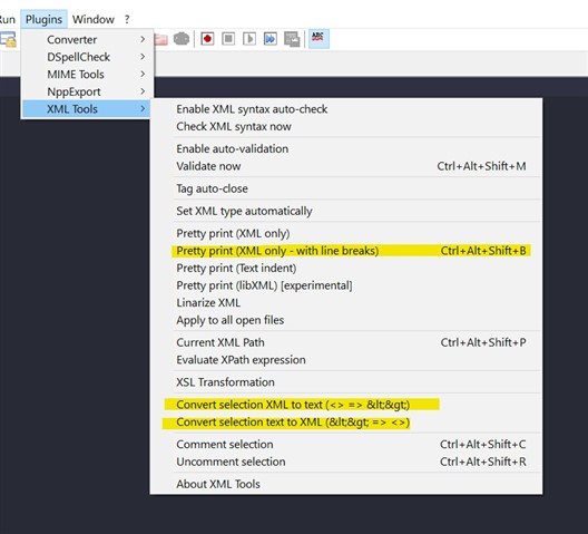 Screenshot of Notepad++ with XML Tools plugin menu open, highlighting the 'Convert selection XML to text' and 'Convert selection text to XML' options.