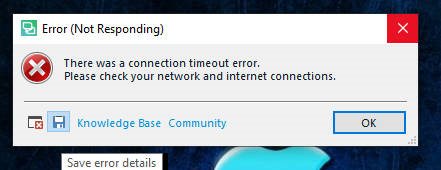 Close-up of an error message window in Trados Studio indicating a connection timeout error and prompting to check network connections.