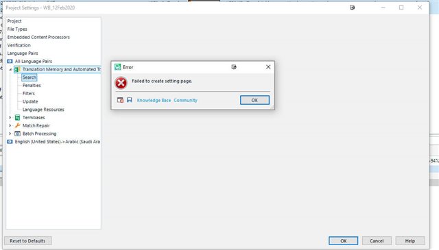 Screenshot of an error message in Trados Studio stating 'Failed to create setting page' with options for Knowledge Base and Community.