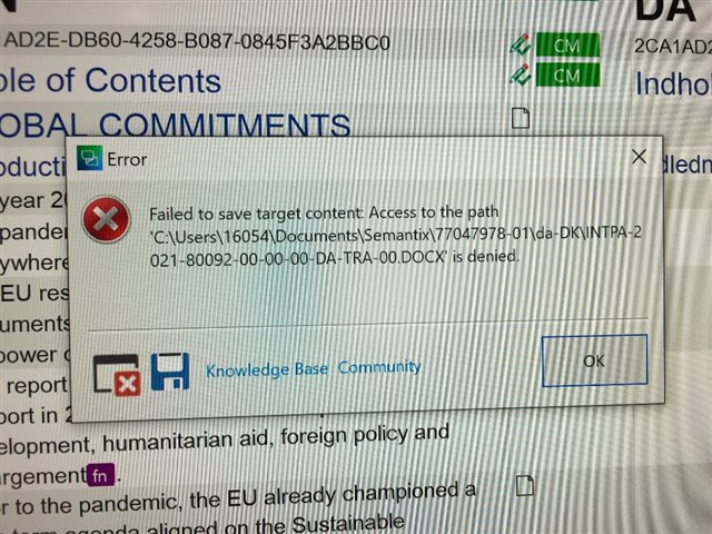 Error dialog box in Trados Studio stating 'Failed to save target content. Access to the path is denied' with file path specified.