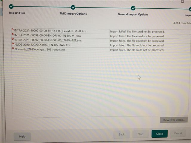 Trados Studio error message displaying 'Import failed. The file could not be processed' for multiple TMX files in the import files list.