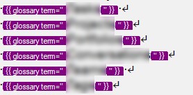 Screenshot showing multiple instances of the text string ' glossary term=' ' ' with arrows pointing towards them, indicating areas of focus or issues.