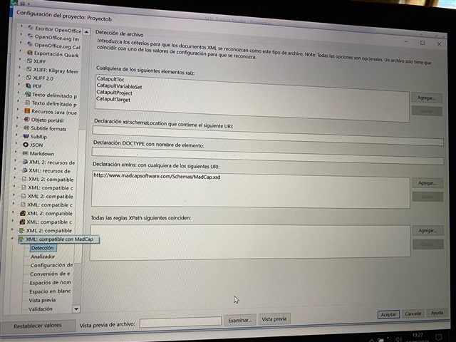 Trados Studio project configuration window showing file type detection settings for XML compatible with MadCap with no visible errors.