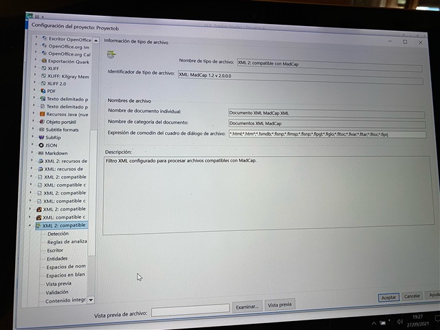 Trados Studio file type information window for XML 2 compatible with MadCap showing filter settings and no visible errors.
