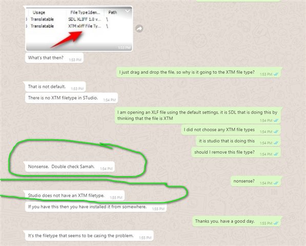 Screenshot of a conversation about Trados Studio not having an XTM filetype, with highlighted messages indicating confusion over file type settings and a final message suggesting the filetype is causing a problem.