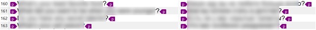 Screenshot of Trados Studio interface showing text with tag placeholders represented by purple angle brackets and question marks.