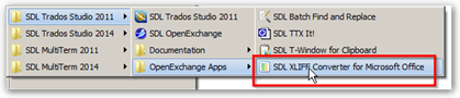 Dropdown menu in Trados Studio showing SDL XLIFF Converter for Microsoft Office selected.