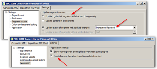 SDL XLIFF Converter settings window with 'Translation Rejected' selected in the dropdown menu for segment status update.