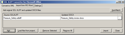 SDL XLIFF Converter import window showing source SDLXLIFF file and updated DOCX file ready for import.