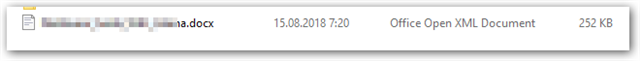 Screenshot showing a file in Windows Explorer with the name blurred out, labeled as a .docx file, last modified on 15.08.2018 at 7:20, and described as an Office Open XML Document with a size of 252 KB.