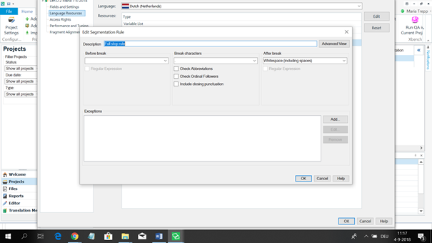 Trados Studio segmentation rules window showing Dutch language selected with options for before break, break characters, and after break with no visible errors.