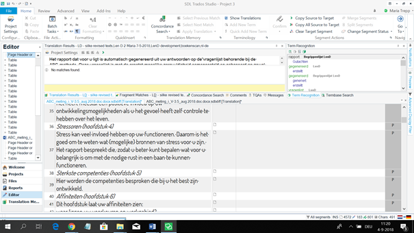 Trados Studio editor window with Dutch text not segmented after full stops, indicating a possible issue with segmentation rules.