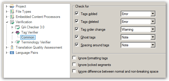 Trados Studio screenshot showing the Verification settings with Tag Verifier selected. Options for checking tags added and tags deleted are set to Error, tag order change is set to Warning, and ghost tags and spacing around tags are set to Note.