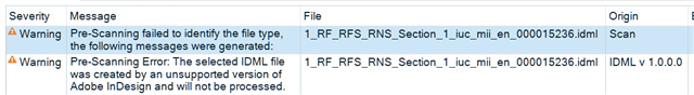 Trados Studio warning messages indicating pre-scanning failed to identify the file type and the selected IDML file is from an unsupported version of Adobe InDesign.