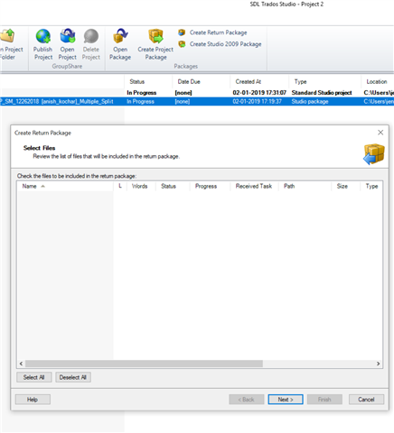 Trados Studio interface showing an empty file list under 'Create Return Package' with no visible errors or warnings.