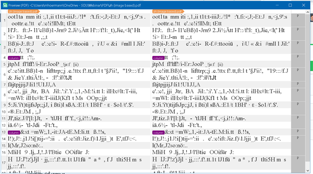 SDLXLIFF preview window displaying garbled and incorrect characters, indicating a failed OCR conversion of Chinese text.