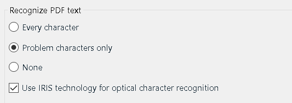 Settings window showing 'Recognize PDF text' options with 'Problem characters only' selected and 'Use IRIS technology for optical character recognition' checked.