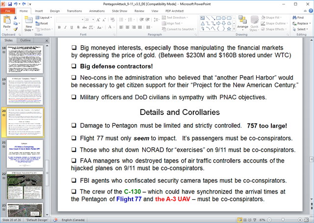 Screenshot of a PowerPoint slide titled 'Pentagon Attack' with bullet points discussing conspiracy theories related to 911, in English.