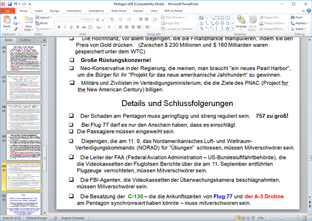 Screenshot of a PowerPoint slide titled 'Pentagon Angriff' with bullet points discussing conspiracy theories related to 911, in German.