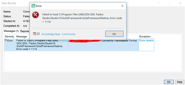 Error message in Trados Studio stating 'Failed to load C:Program Files (x86)SDLSDL Trados StudioStudio15SolidFrameworkSolidFrameworkNative, Error code = 1114'. There are buttons for 'OK' and 'Help'.