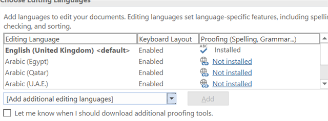 Screenshot of Trados Studio's 'Choose Editing Languages' settings showing English (United Kingdom) as default with proofing installed, and Arabic (Egypt), Arabic (Qatar), and Arabic (U.A.E.) enabled but with proofing not installed.