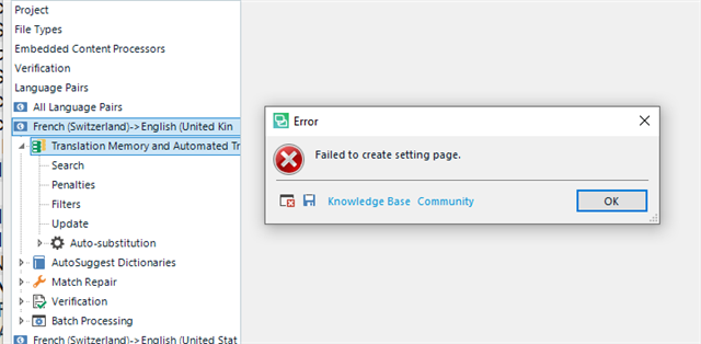 Screenshot of Trados Studio showing an error message 'Failed to create setting page' with an 'OK' button and links to 'Knowledge Base' and 'Community'.