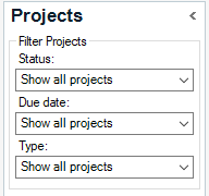 Trados Studio screenshot showing the Projects filter section with options for Status, Due date, and Type all set to Show all projects.