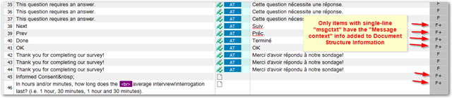 Screenshot of Trados Studio showing Document Structure Information column with items marked as F+ indicating single-line 'msgctxt' strings have 'Context information' added, while multiline 'msgctxt' strings are missing this info.