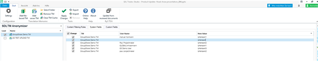 Trados Studio SDL Anonymizer window showing a list of Translation Units with 'Creator Name' and 'New Name' columns, all 'New Name' fields are 'Unnamed'.