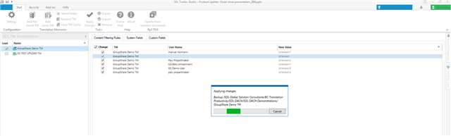 Trados Studio SDL Anonymizer window with a pop-up message 'Applying changes' indicating the process of replacing creator names with random names.